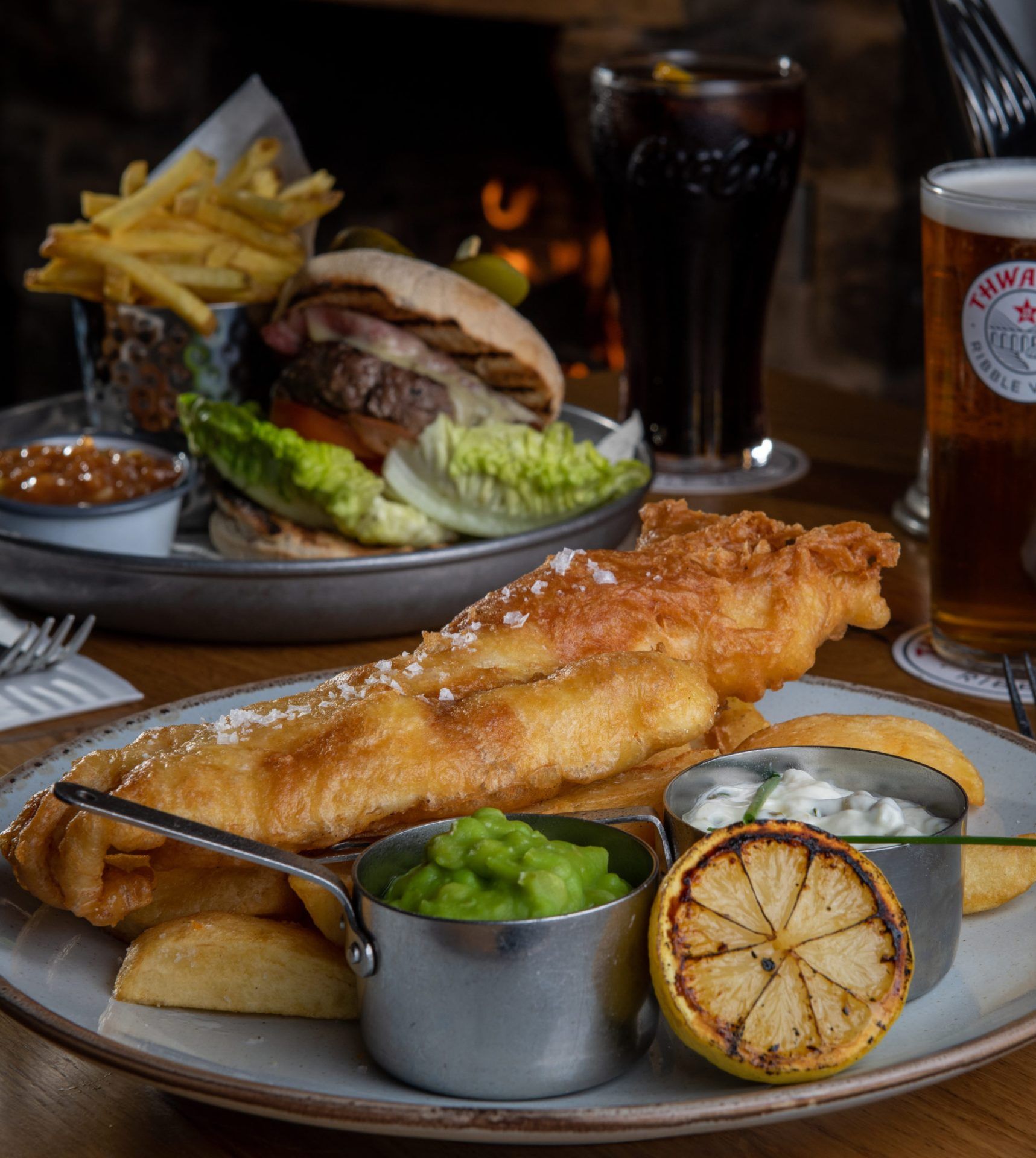 fish and chips with pint