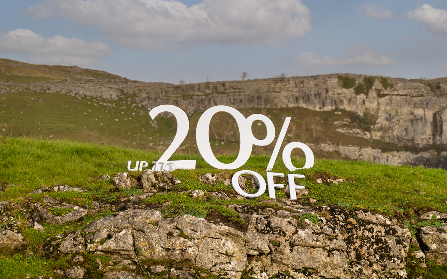 "up to 20% off" signs at Malham Cove